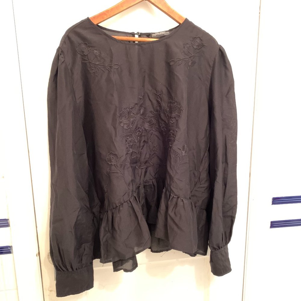 Zara Black Sheer Embroidered Blouse